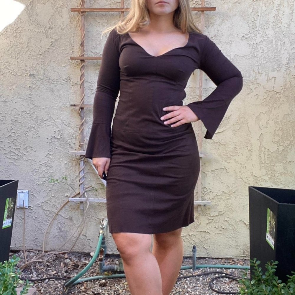 MAX STUDIO brown long sleeve faux suede dress